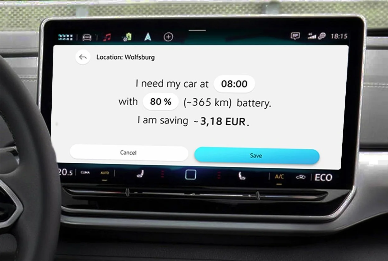 Car's dashboard display showing a message to pick up the car at Wolfsburg at 8:00 AM, with 80% battery for approximately 365 km, saving 3.18 EUR. There are icons at the top of the screen for connectivity, music, navigation, and battery status.