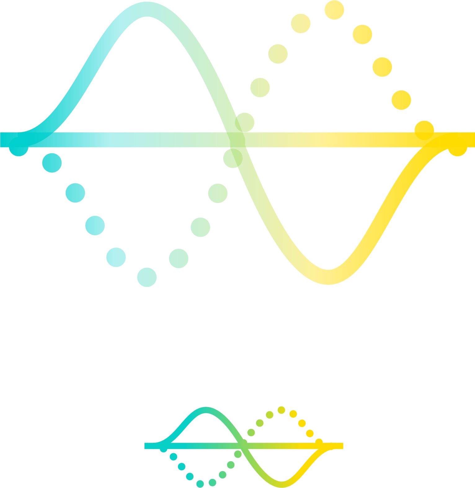 A colorful illustration of overlapping sine waves, with one wave in blue and the other in yellow, some solid and others dotted.