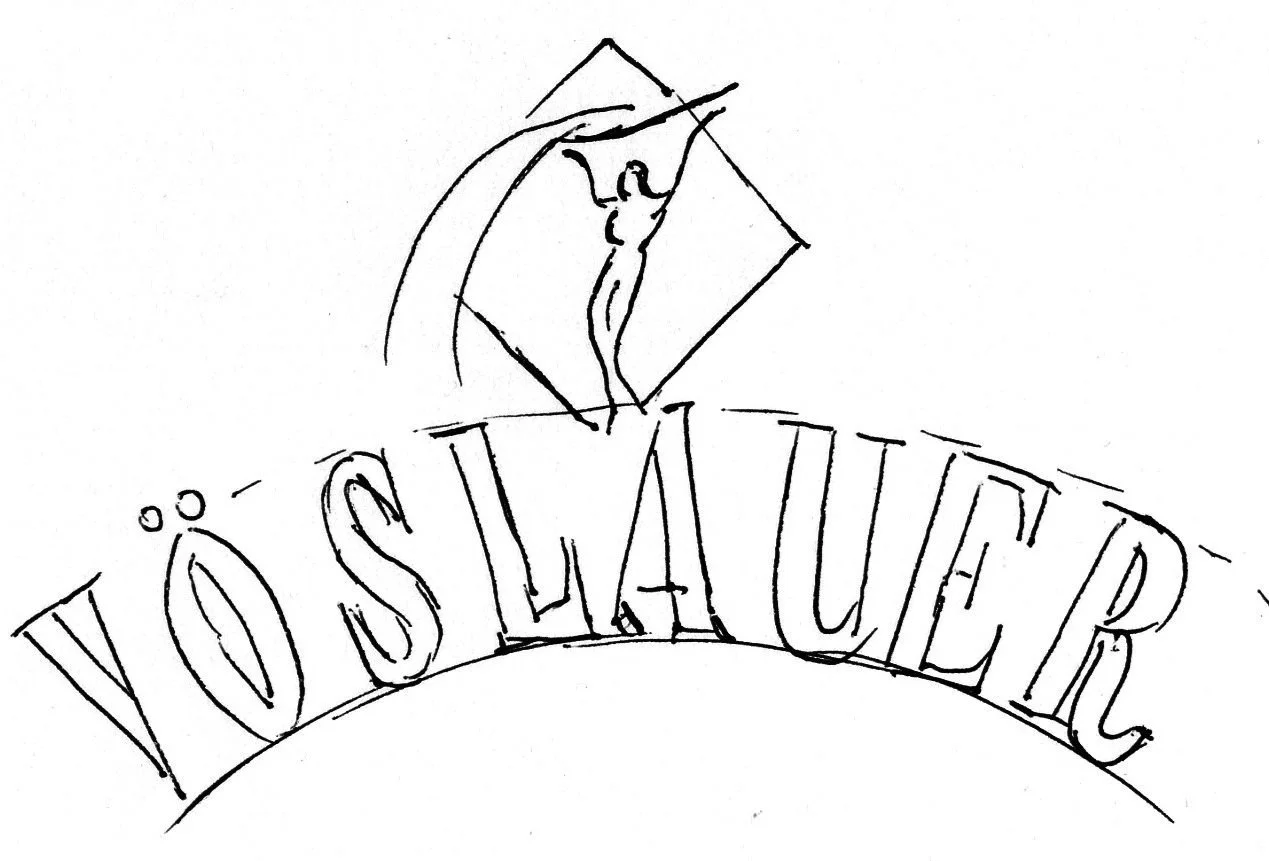 Sketch of a figure on a cross inside a diamond shape above the words VÖSLÁUPE, with a curved line beneath.