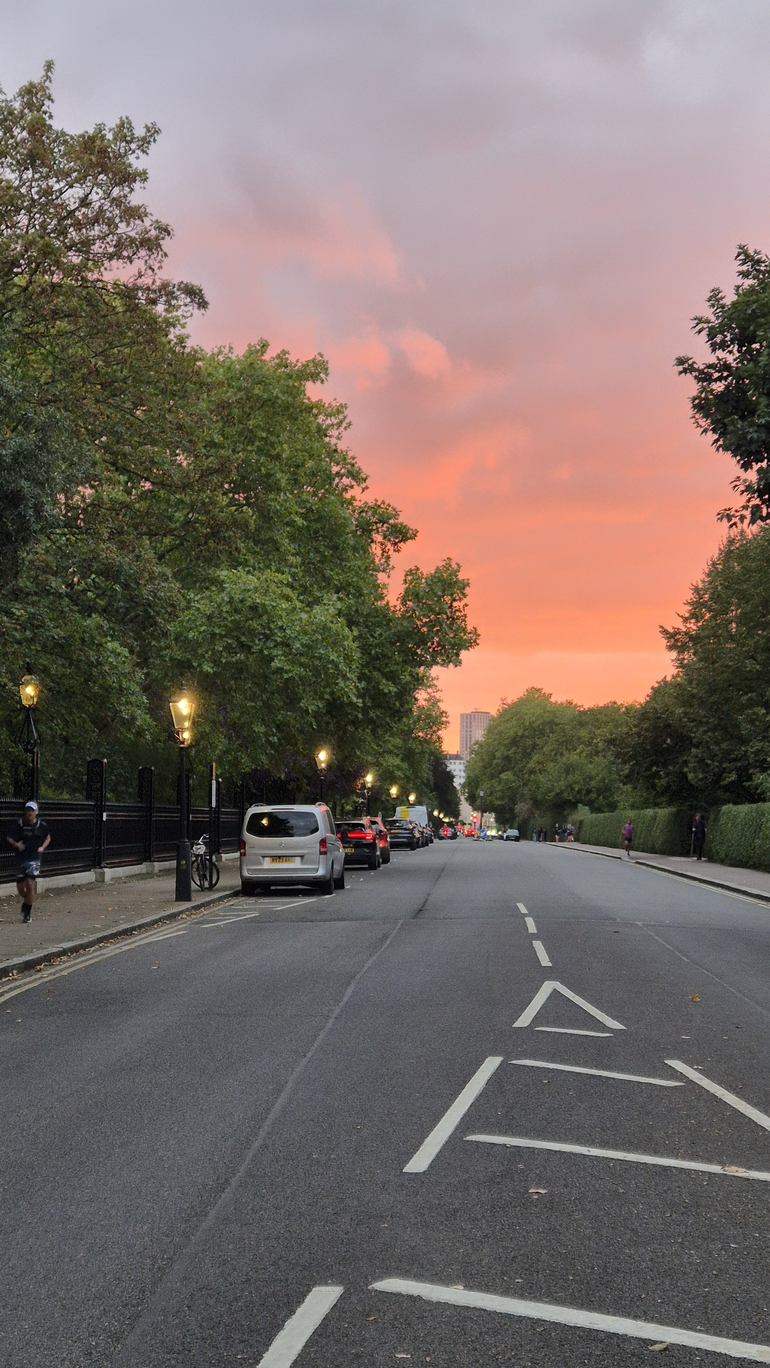 City street at sunset with pink and orange sky, lined with trees, parked cars, pedestrians, and street lamps.