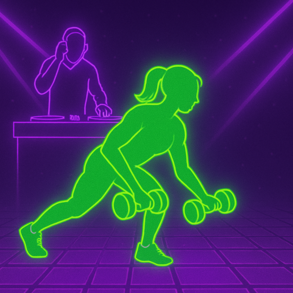 Neon illustration of a woman exercising with dumbbells and a DJ playing music in a purple and green color scheme, with a stylized, digital background.