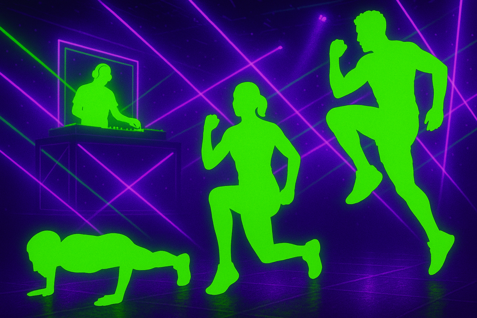alt="Participants engaging in Bassline Burn HIIT class with EDM lighting