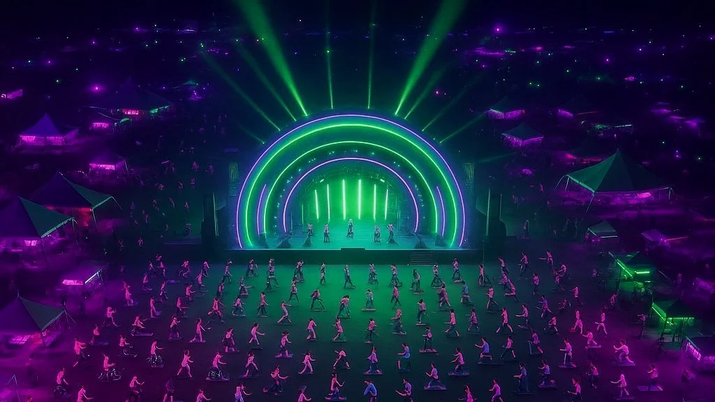 Neon-lit outdoor stage with performers and audience in glowing attire, surrounded by tents under purple lighting.
