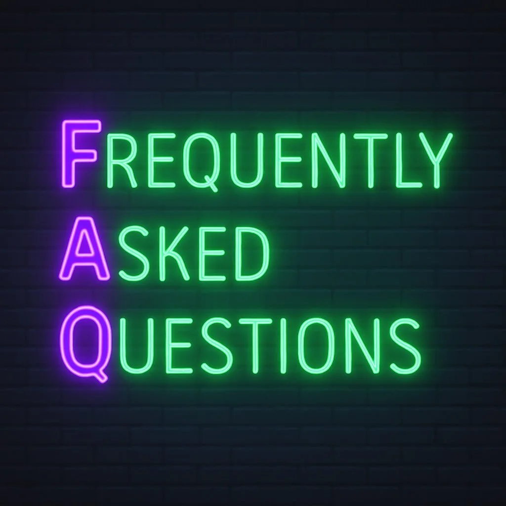 Neon sign with the text "FAQ Frequently Asked Questions" on a dark brick wall background.
