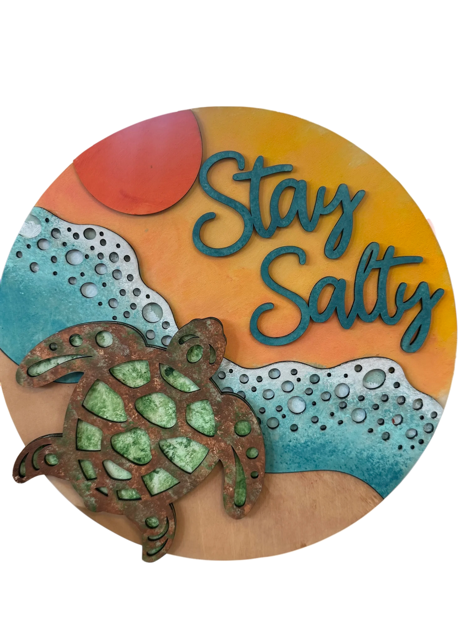 10" Stay Salty Sea Turtle Wooden Round Cutout – Unfinished