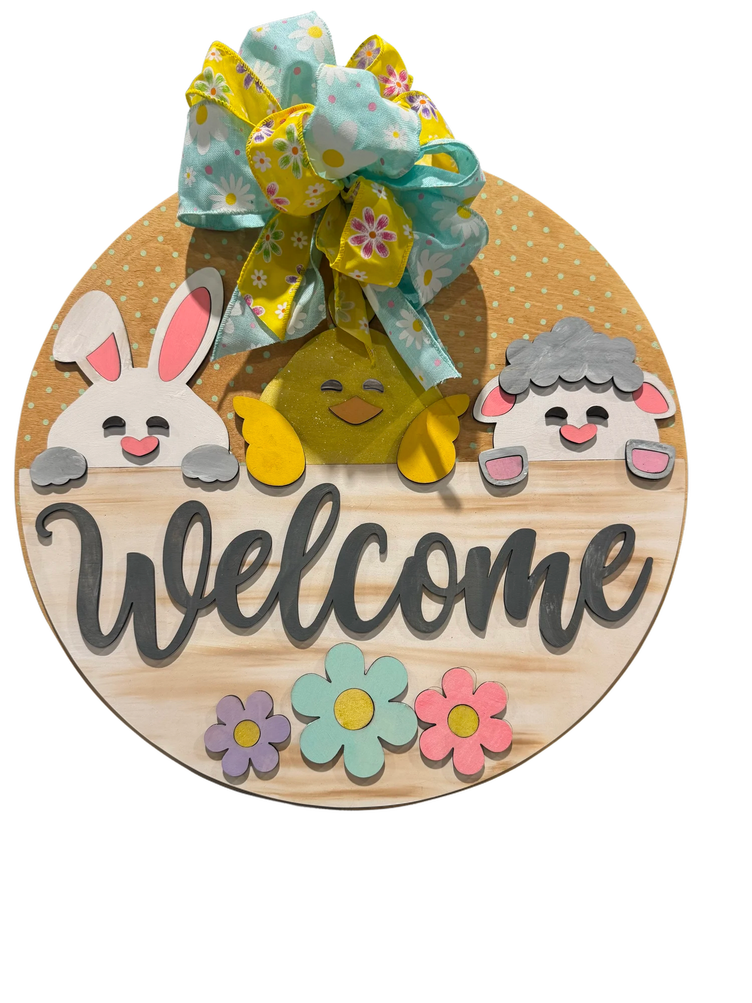 16" Spring Welcome Bunny, Chick & Lamb Wooden Round – Finished or Unfinished