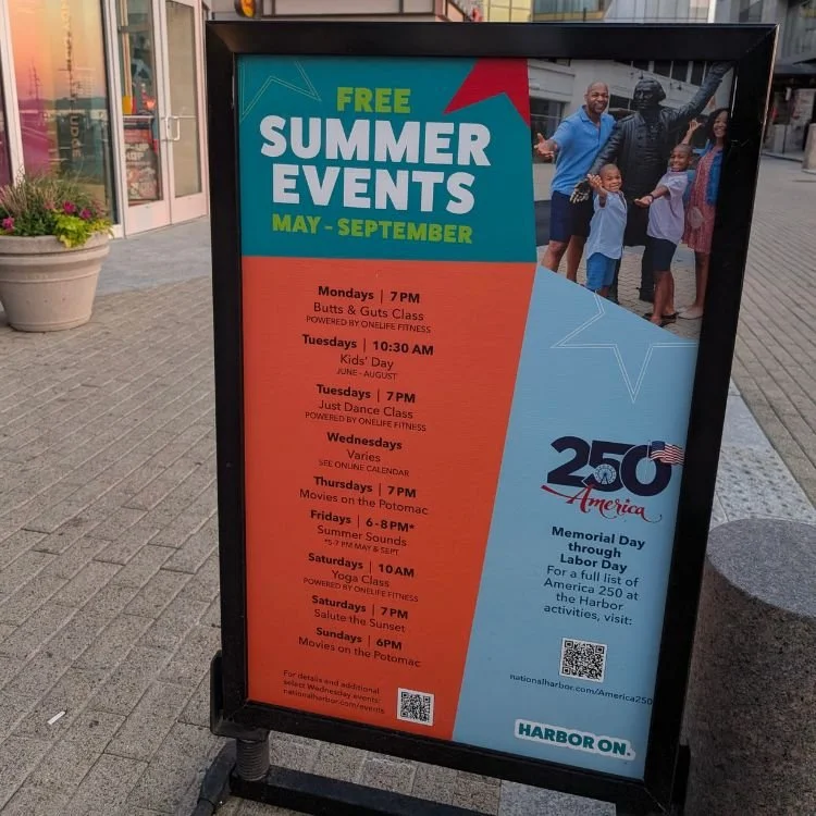 Free summer events sign at the National Harbor