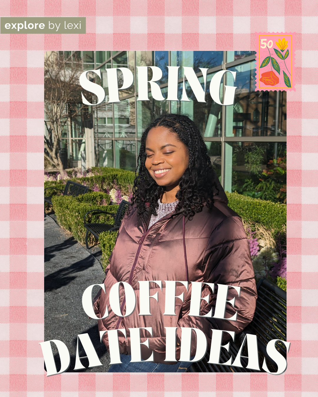 Black woman smiling by flowers