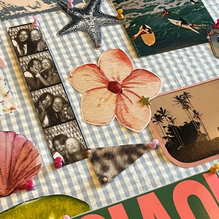 Scrapbook page with polaroid and paper cutouts
