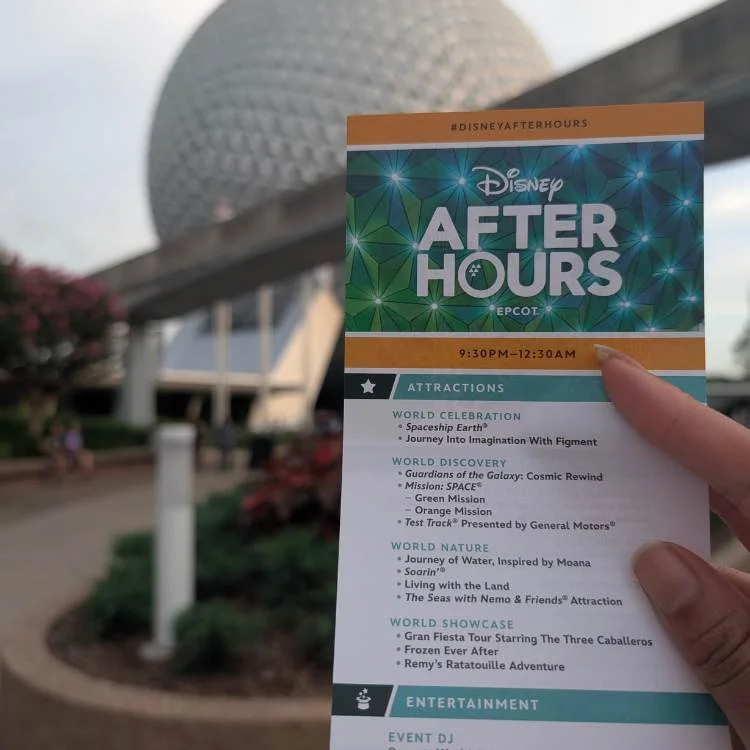 Hand holding Epcot After Hours pamphlet in front of Epcot Ball.