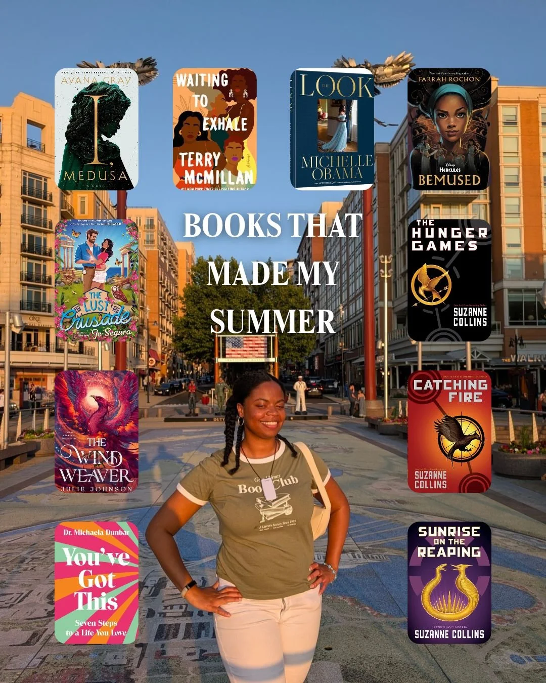 Black Woman smiling at National Harbor. Book covers are around her and text that says, "Books that made my summer."