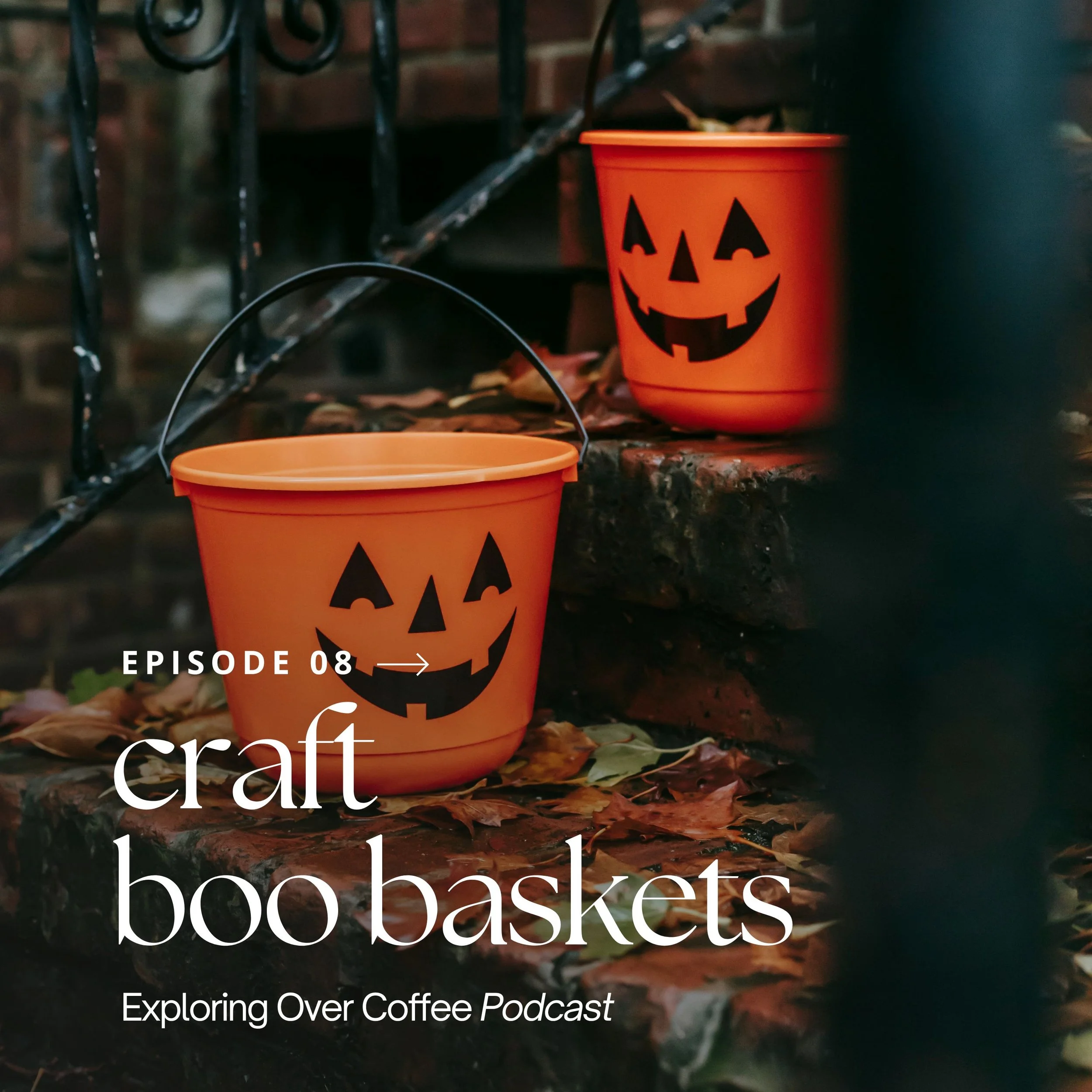 Two Halloween baskets on steps