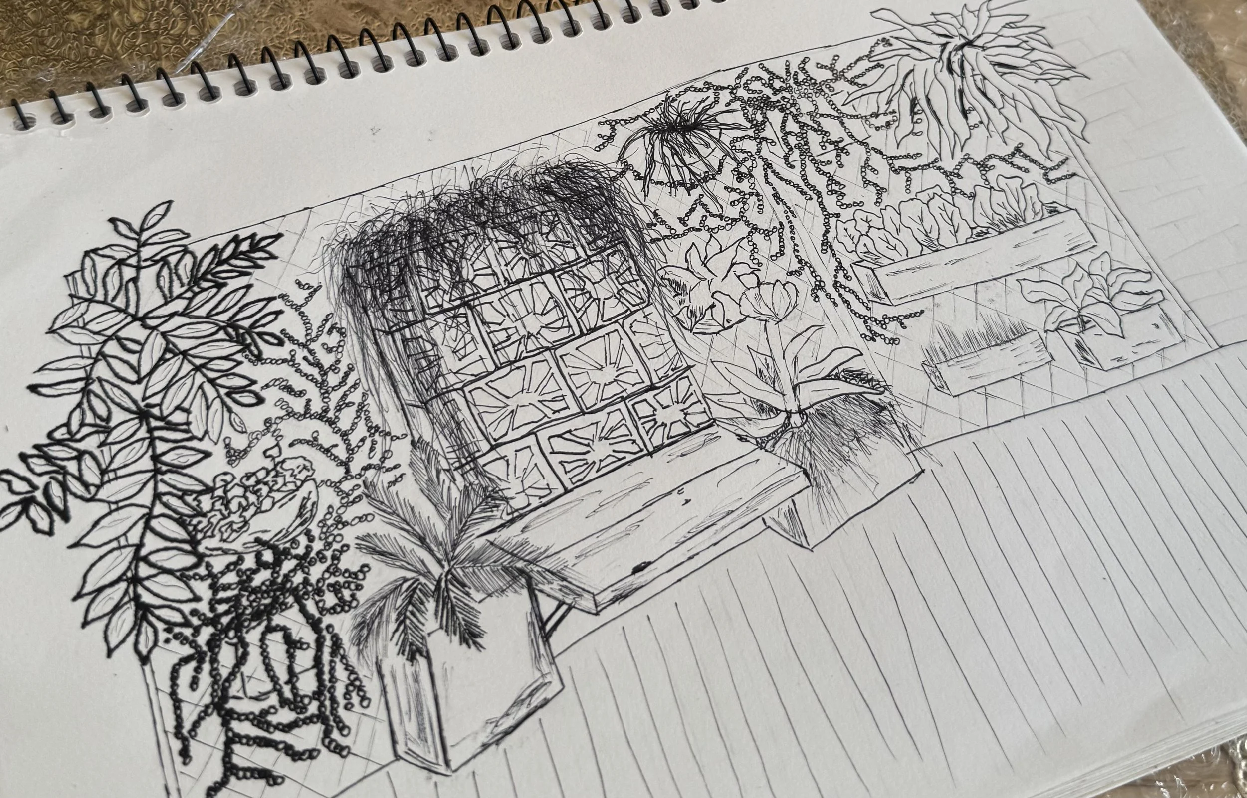 Black and white line drawing of a collection of potted plants on a wooden shelf, with some hanging plants and various leafy plants, in a garden or indoor plant display.