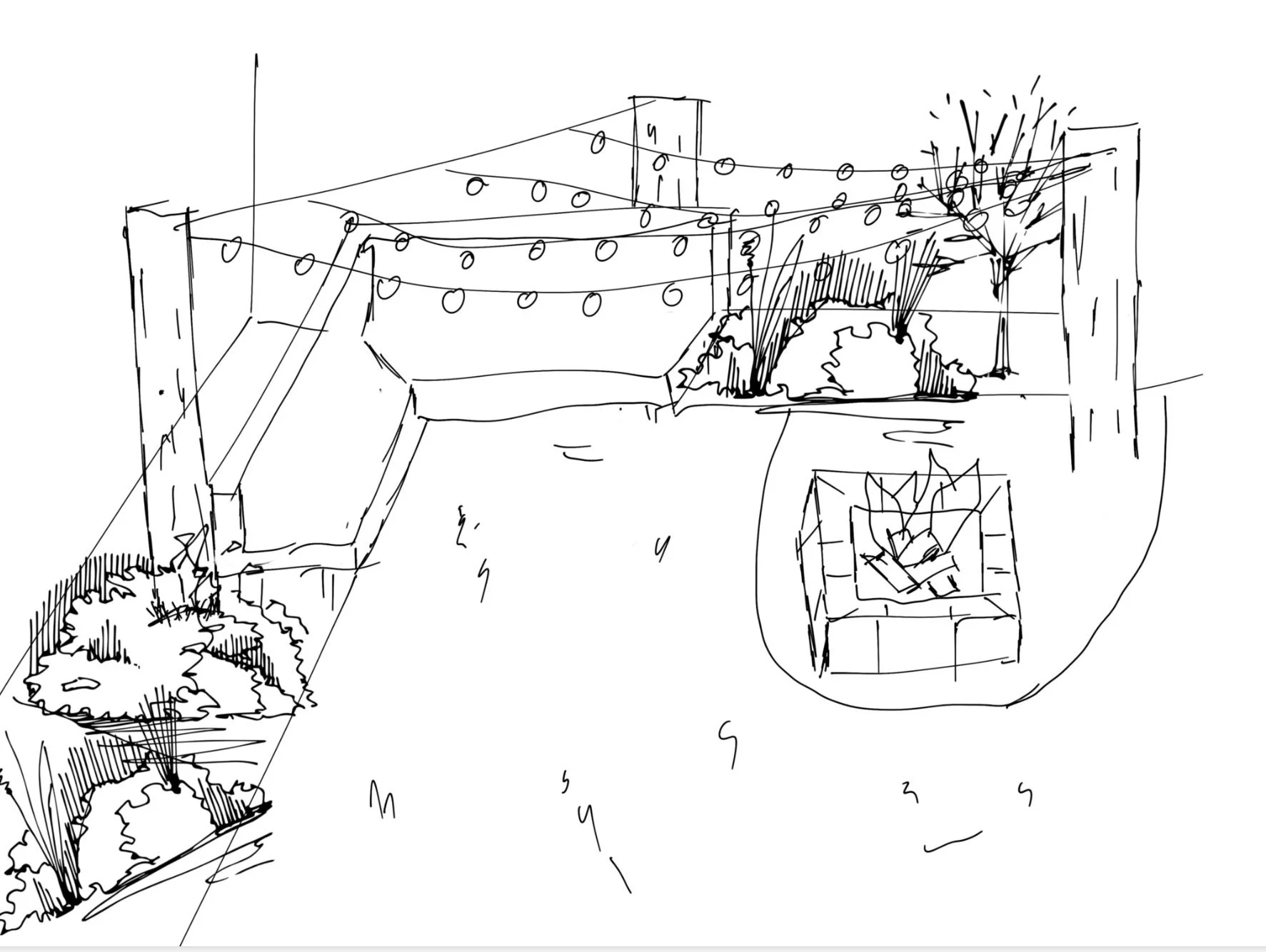 Sketch of a backyard with string lights, a small pond or rock feature, a fire pit with seating, and various plants and trees.