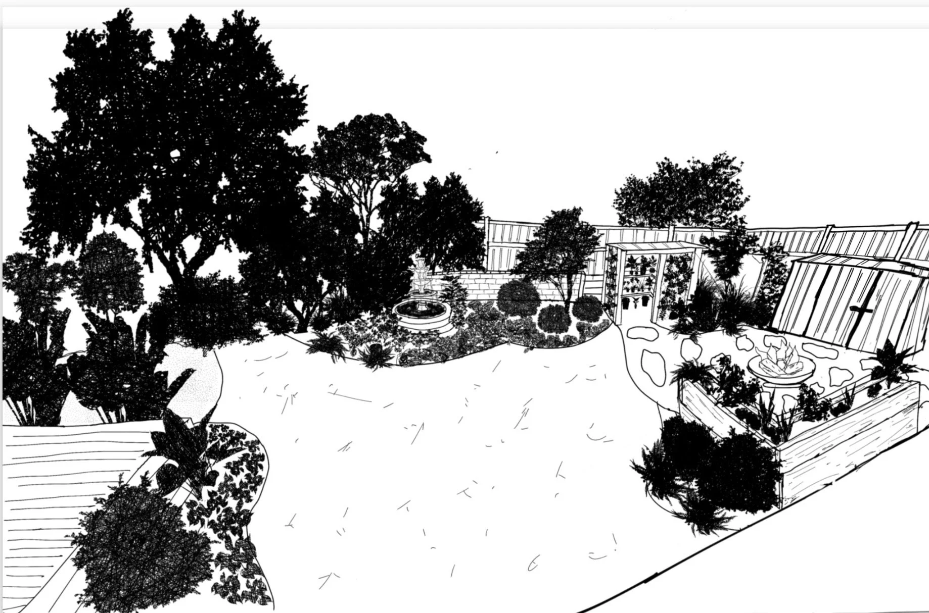 Sketch of a backyard garden with trees, shrubs, a fountain, and a fenced area, includes pathways and patio areas with plants.