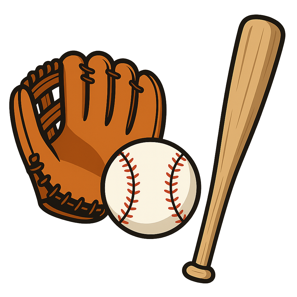Illustration of a baseball glove, ball, and bat on a brown background.