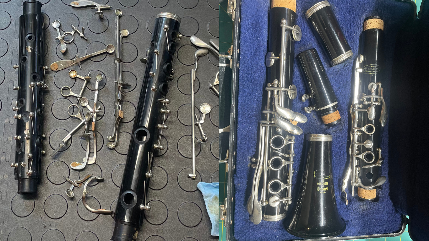 Disassembled clarinet parts on a flat surface with tools and a cloth, and clarinet assembled inside a case lined with blue fabric.