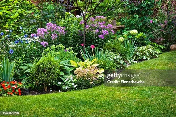 Colorful garden with various flowering plants, shrubs, and a green lawn