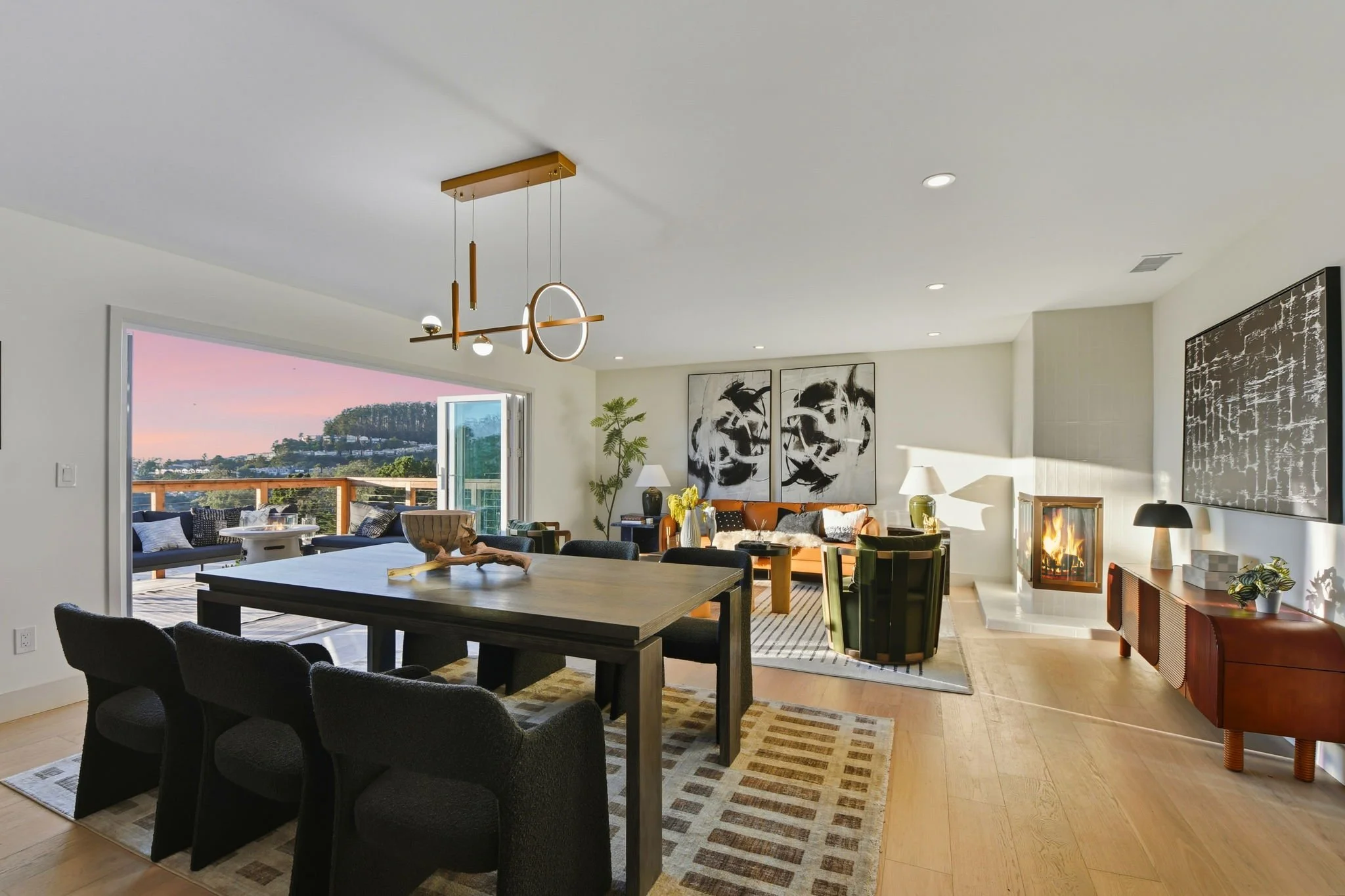 Main living area 75 Knollview Way at twilight with warm low sun