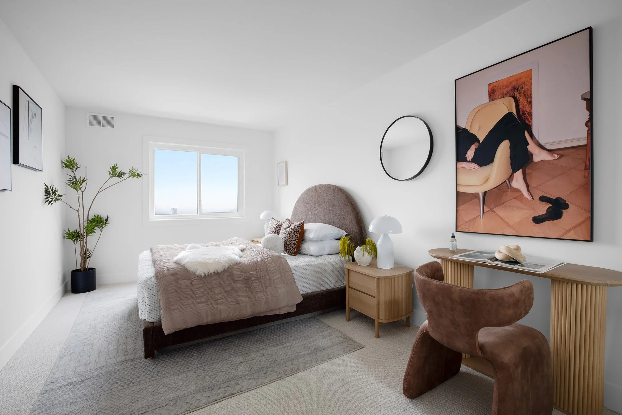 Guest bedroom at 75 Aloha Avenue in Golden Gate Heights, with new carpet, a desk area, and a window looking out over the city to the north.