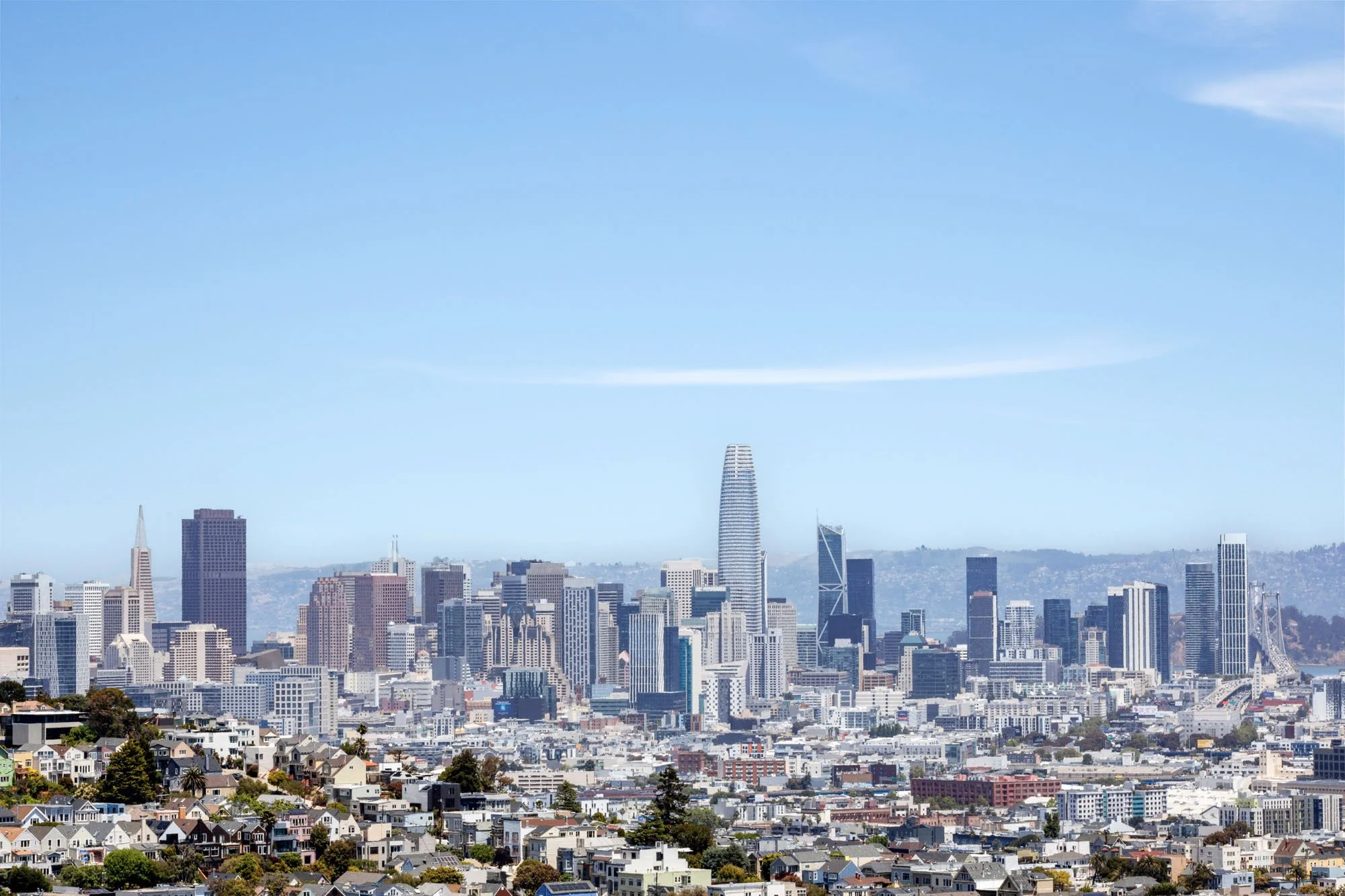 High-resolution panoramic view of the San Francisco skyline, featuring the Salesforce Tower, Transamerica Pyramid, and the Bay Bridge from the living room at 773 Duncan, a prime hillside property.