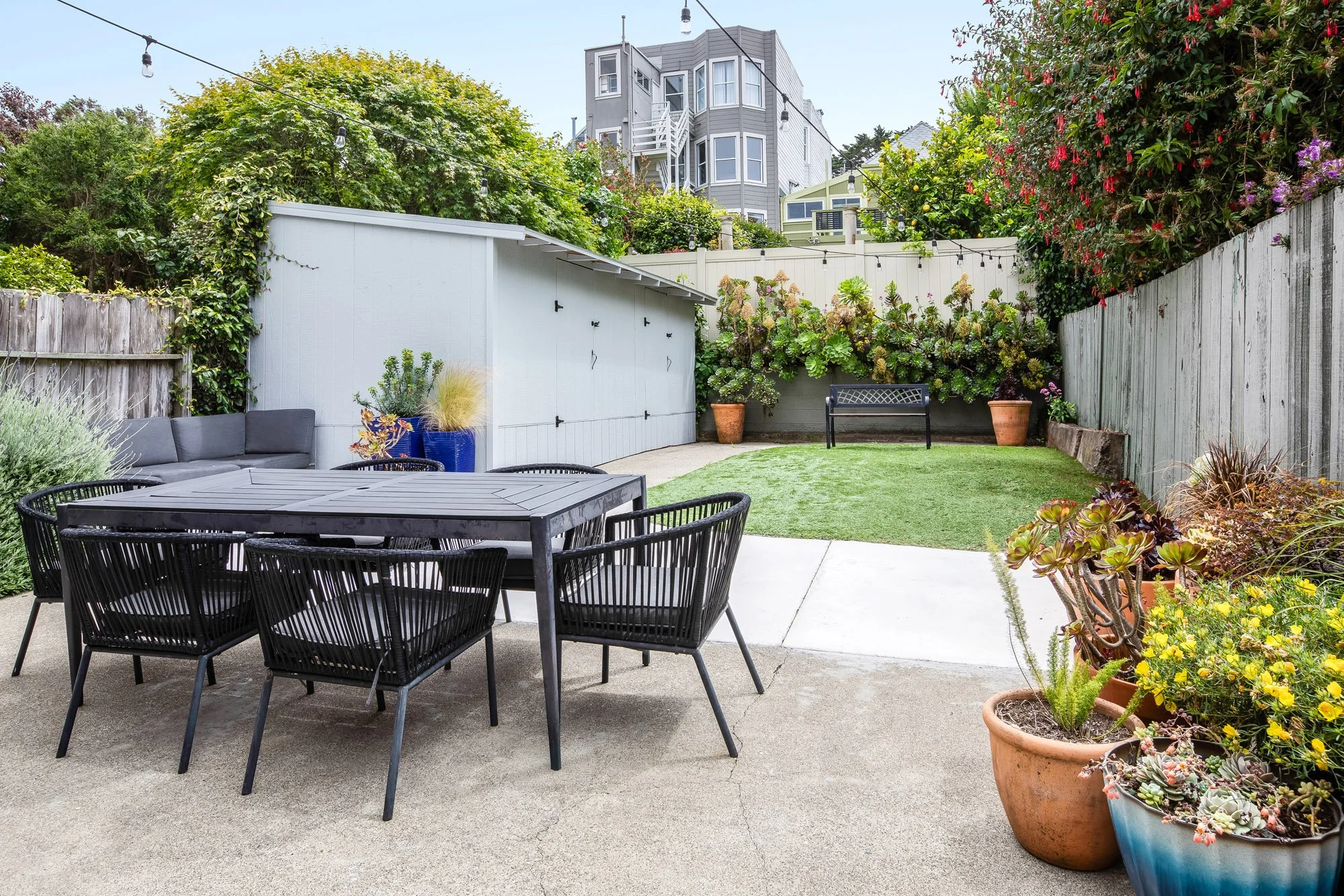 Private rear outdoor entertaining area at Castro San Francisco luxury TIC with black rope dining set for six, artificial turf lawn, flowering succulent garden wall, string lights, and painted storage shed