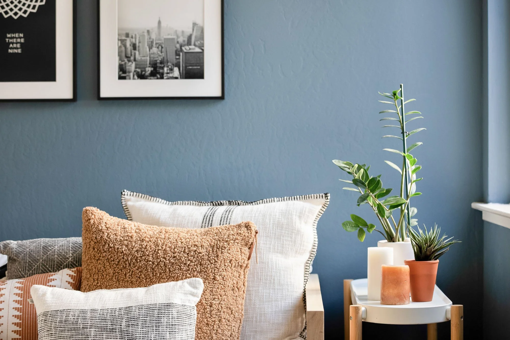 Interior design detail at 144 Lower Terrace showing a blue accent wall with black and white framed city photography, textured throw pillows, and indoor succulents.