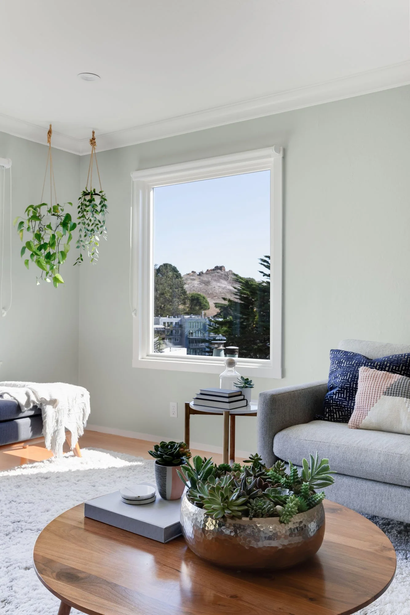 Spacious living room at 144 Lower Terrace with panoramic views of Tank Hill, a gray sectional sofa, mid-century armchair, and a large white shag area rug.