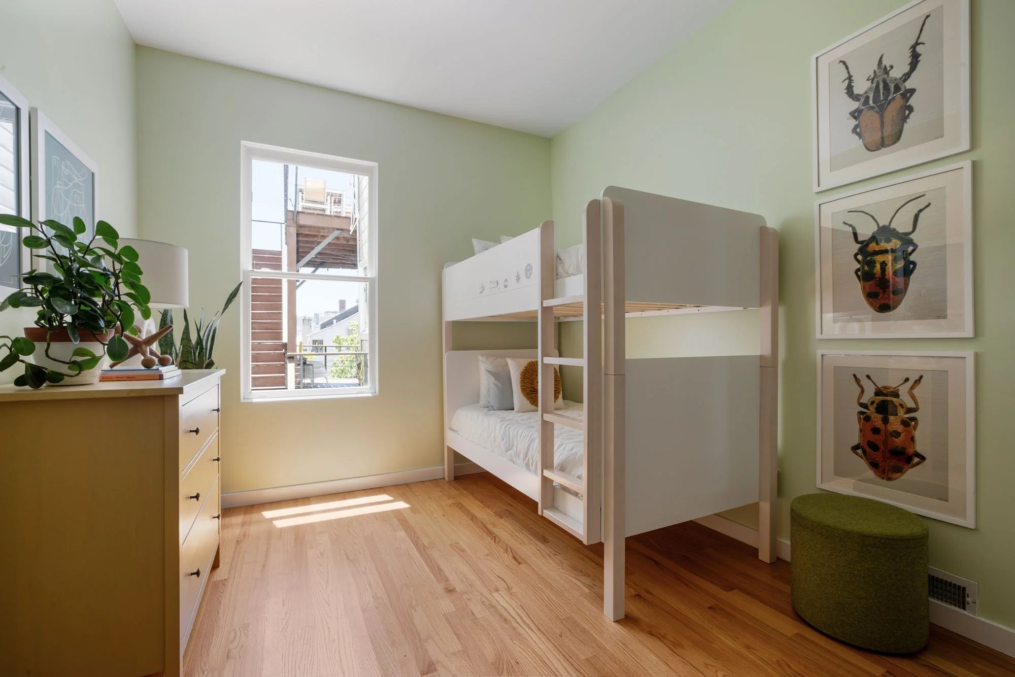 Sunlit children's bedroom with white wooden bunk beds, light green walls, a wood dresser, and decorative framed insect art.