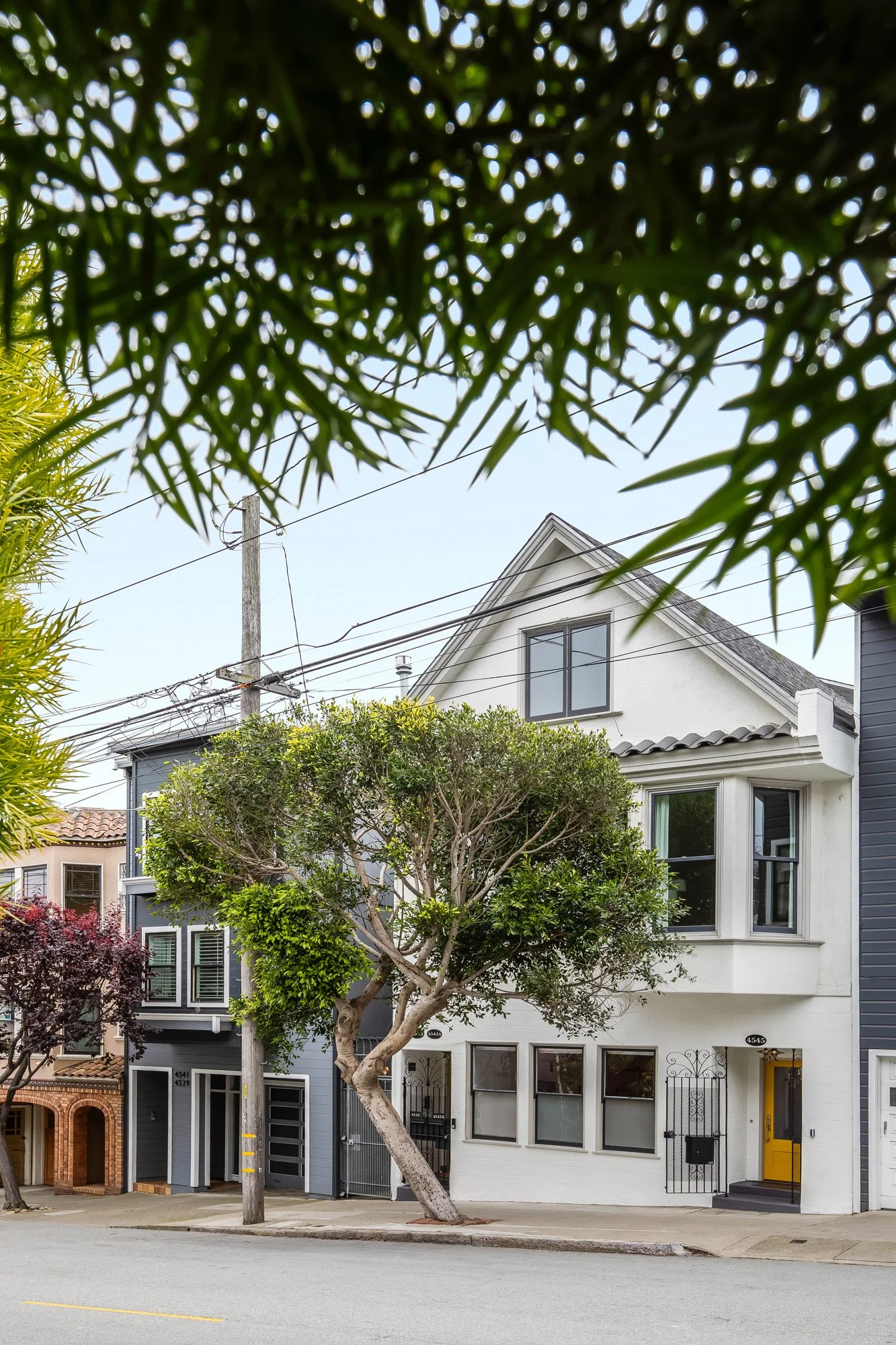 Street view of 4545 18th Street San Francisco Victorian TIC framed through bamboo foliage, showing white stucco three-story facade, gabled roofline, yellow front door with ornate iron gate, and mature street tree in the Castro neighborhood
