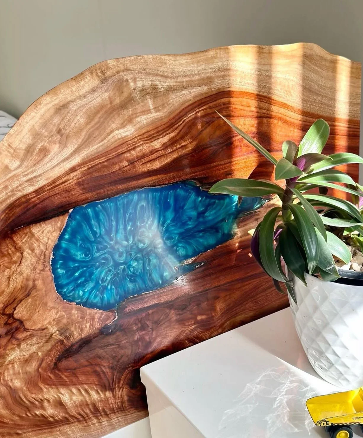 A wooden art piece with a blue resin river design next to a potted green plant, placed on a white surface with sunlight reflections.