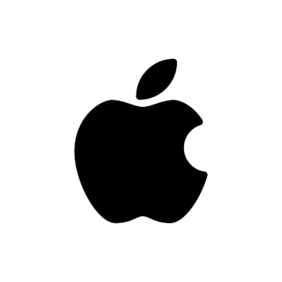 Apple logo, black silhouette on white background.