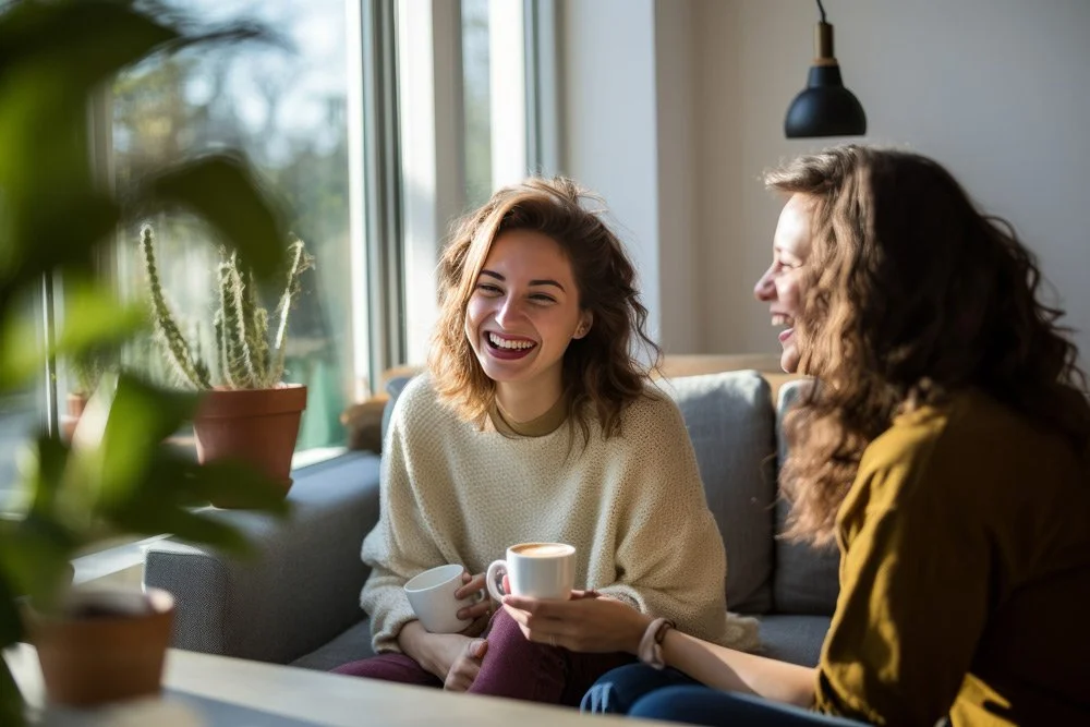 Two people chatting and smiling over coffee, reflecting the connection and trust built through individual & group therapy services in Denver & Littleton, CO