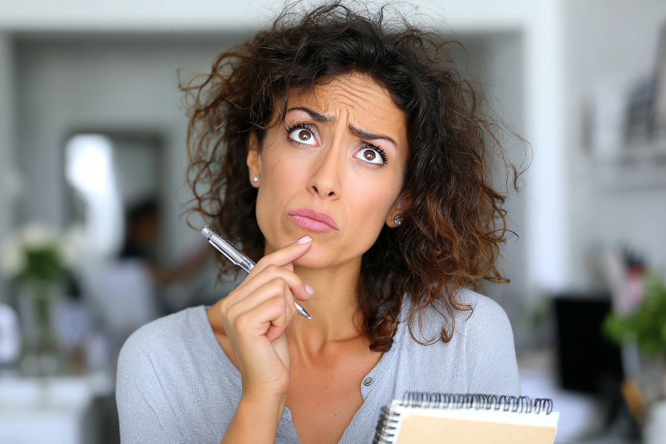 Confused woman in a gray shirt holding a pen and a notebook, with a puzzled expression.