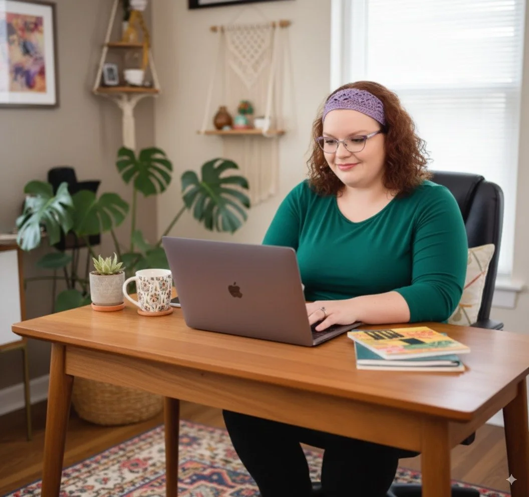 Photo of Karen Lunde, a web designer and marketing consultant in Olympia Washington, working on a laptop in an office filled with plants and boho design elements.