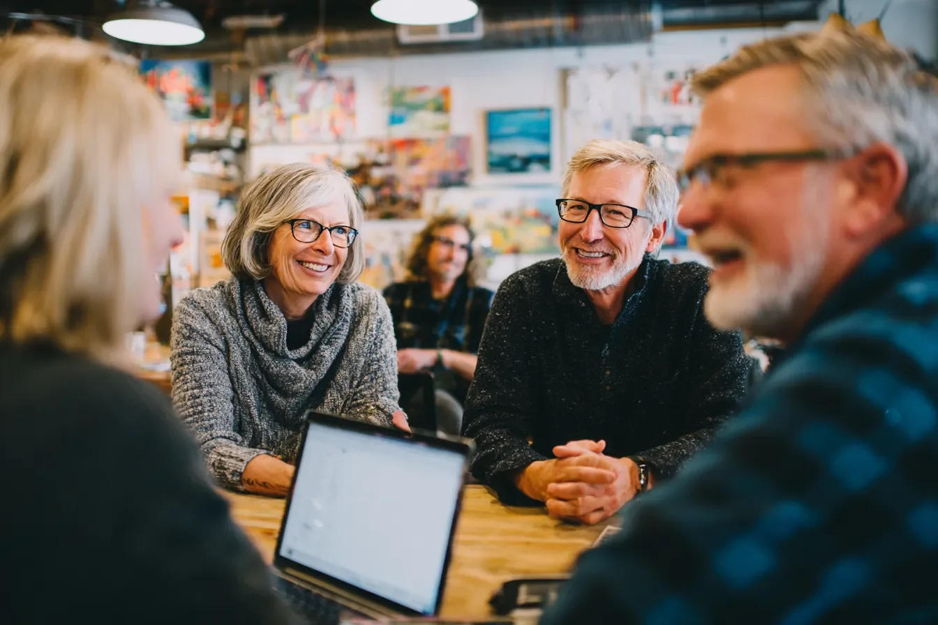 A group of middle-aged people gather at a table in a creative space showing that they're building connections.