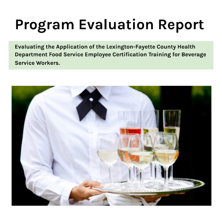 Program evaluation report cover page with a person serving a tray of assorted drinks, including wine and cocktails, in an outdoor setting.