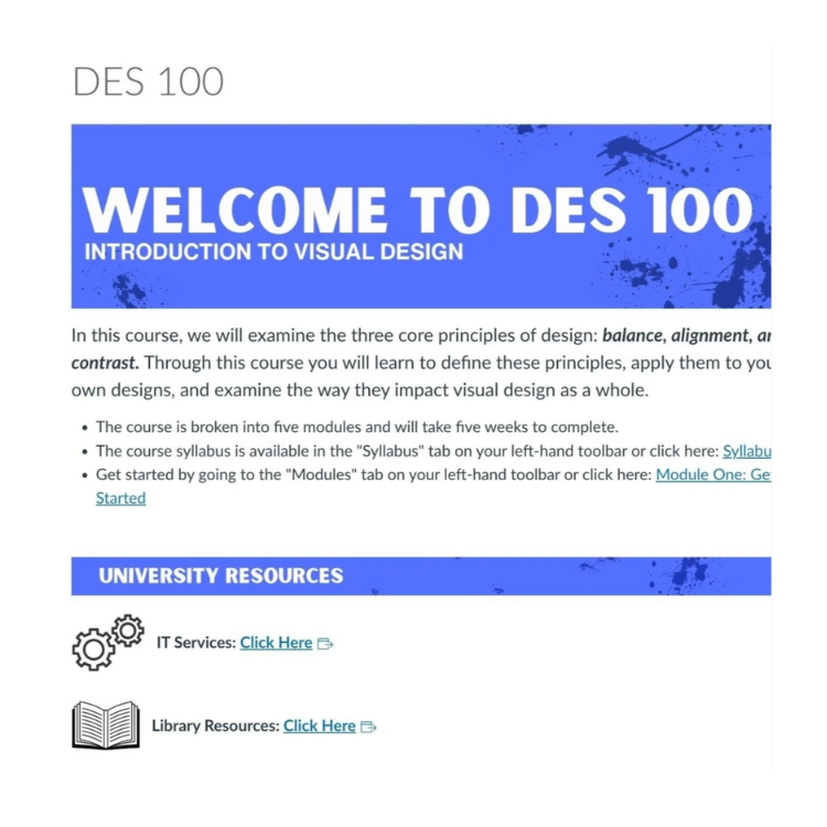 Image of the Welcome Page in the Canvas Course example