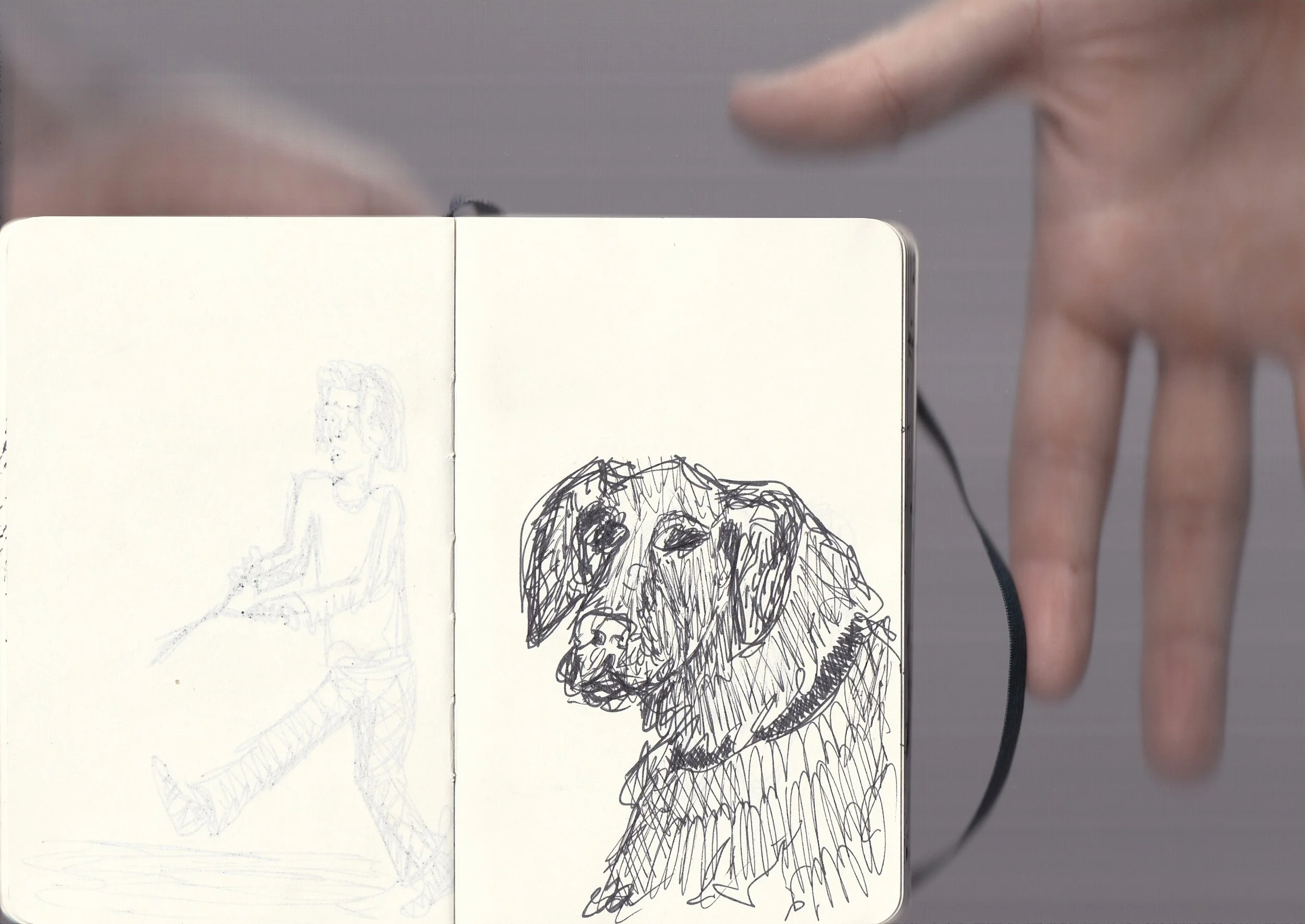 A person is holding an open sketchbook with a pen and pencil drawings of a dog and a person, while the person's hand and fingers are visible in the background.