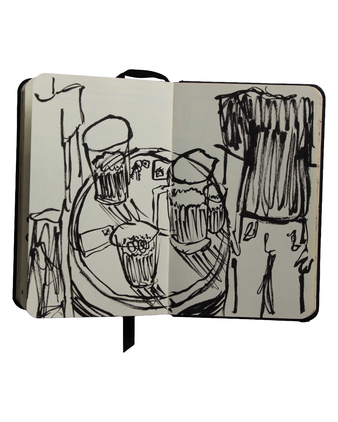 Sketch of a table with three glasses of beer beverages and the group of friends sharing a pitcher