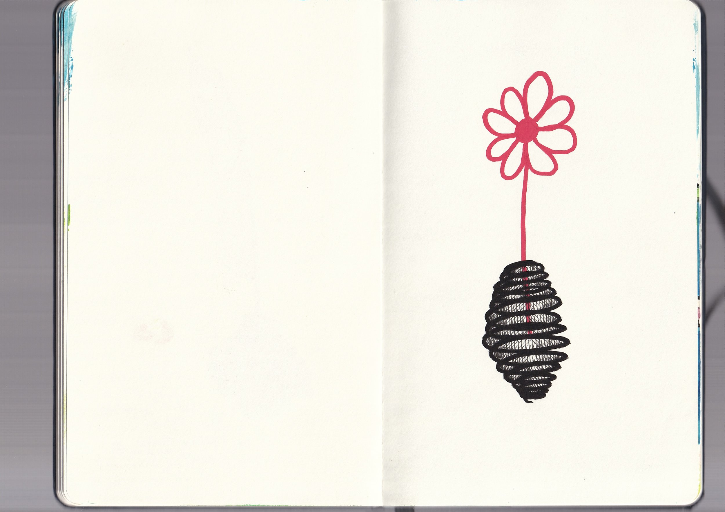 A simple drawing of a flower with a pink outline, a round center, and six petals, growing from a black spiral base.