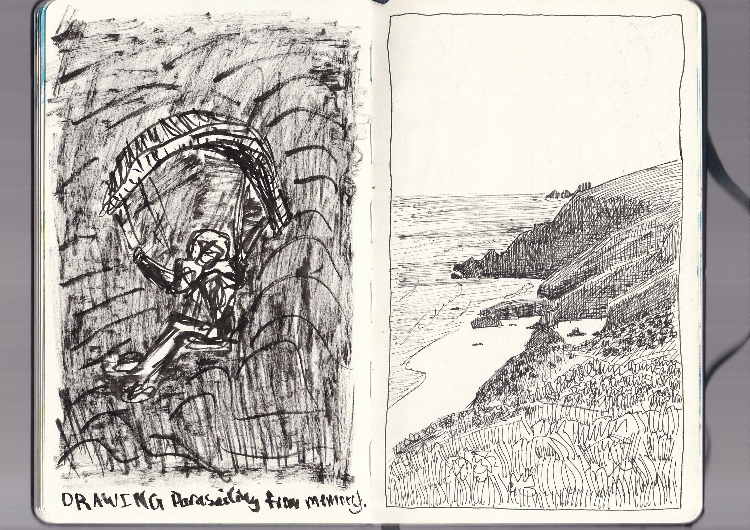 Left page: Sketch of a person parasailing over a mountain landscape with a caption that reads, "Drawing parasailing from memory." Right page: Line drawing of a coastline with cliffs, water, and a distant shoreline.