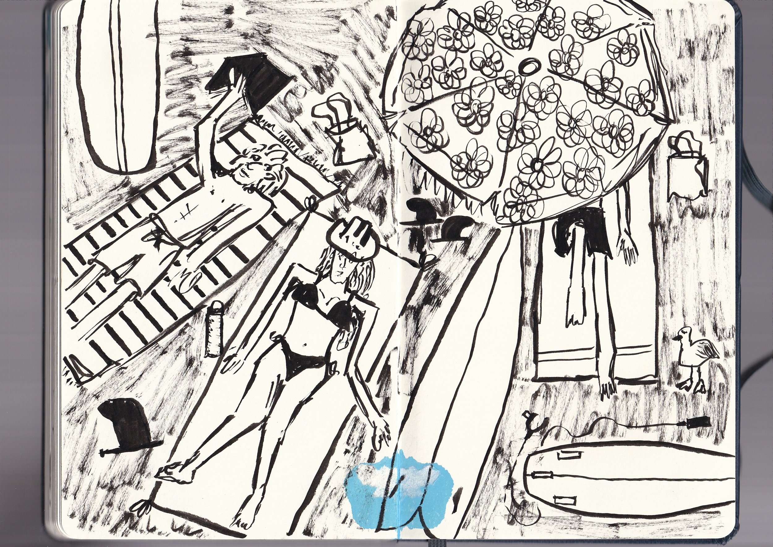 Black and white sketch of a woman walking with details of the scenery, including an umbrella with floral pattern, a duck, and various outdoor elements.