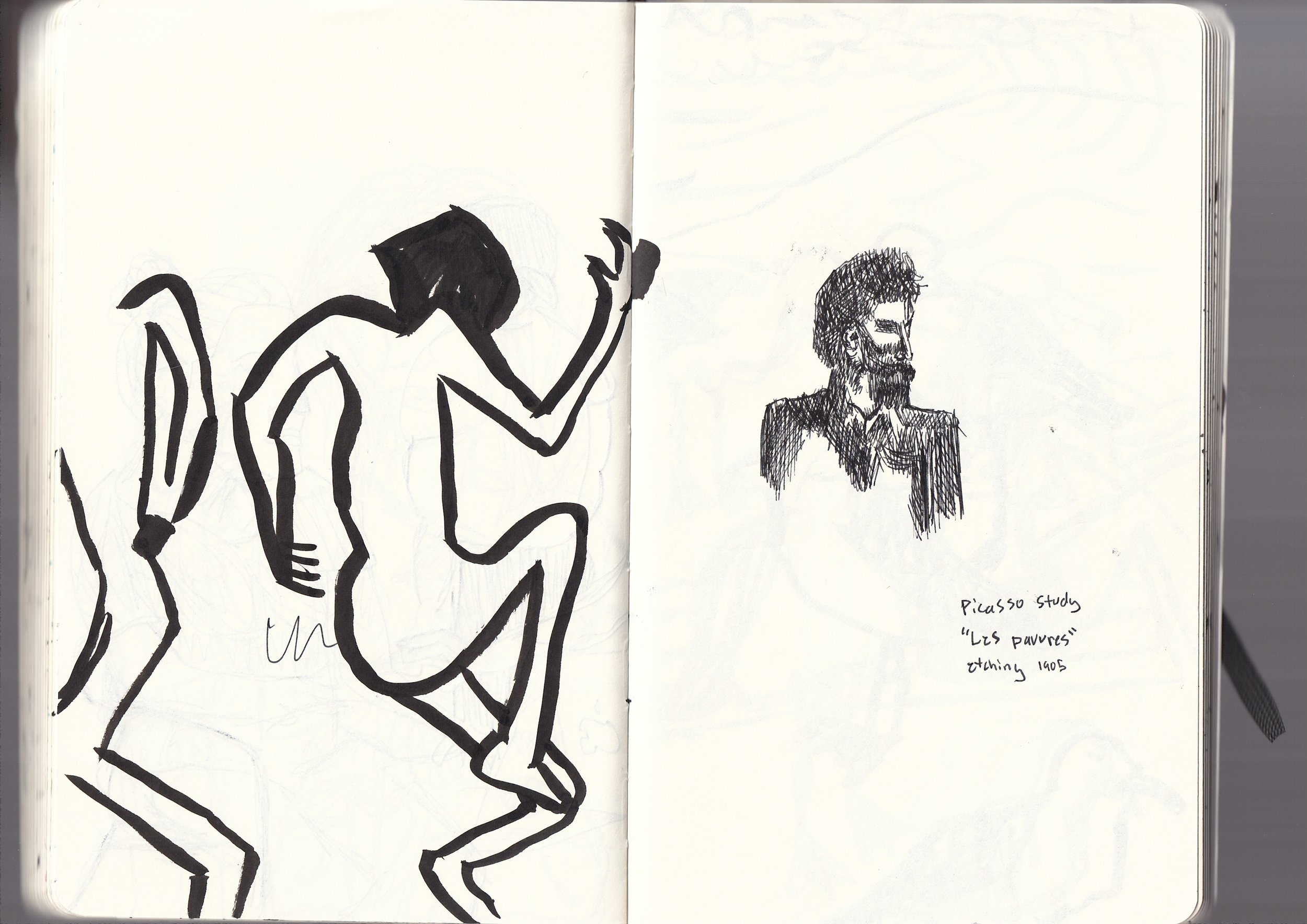 Sketch of a person walking, with another person's head and shoulders drawn with cross-hatching on the right side, and handwritten text reading "Picasso study 'Les Pauvres' etching 1905".