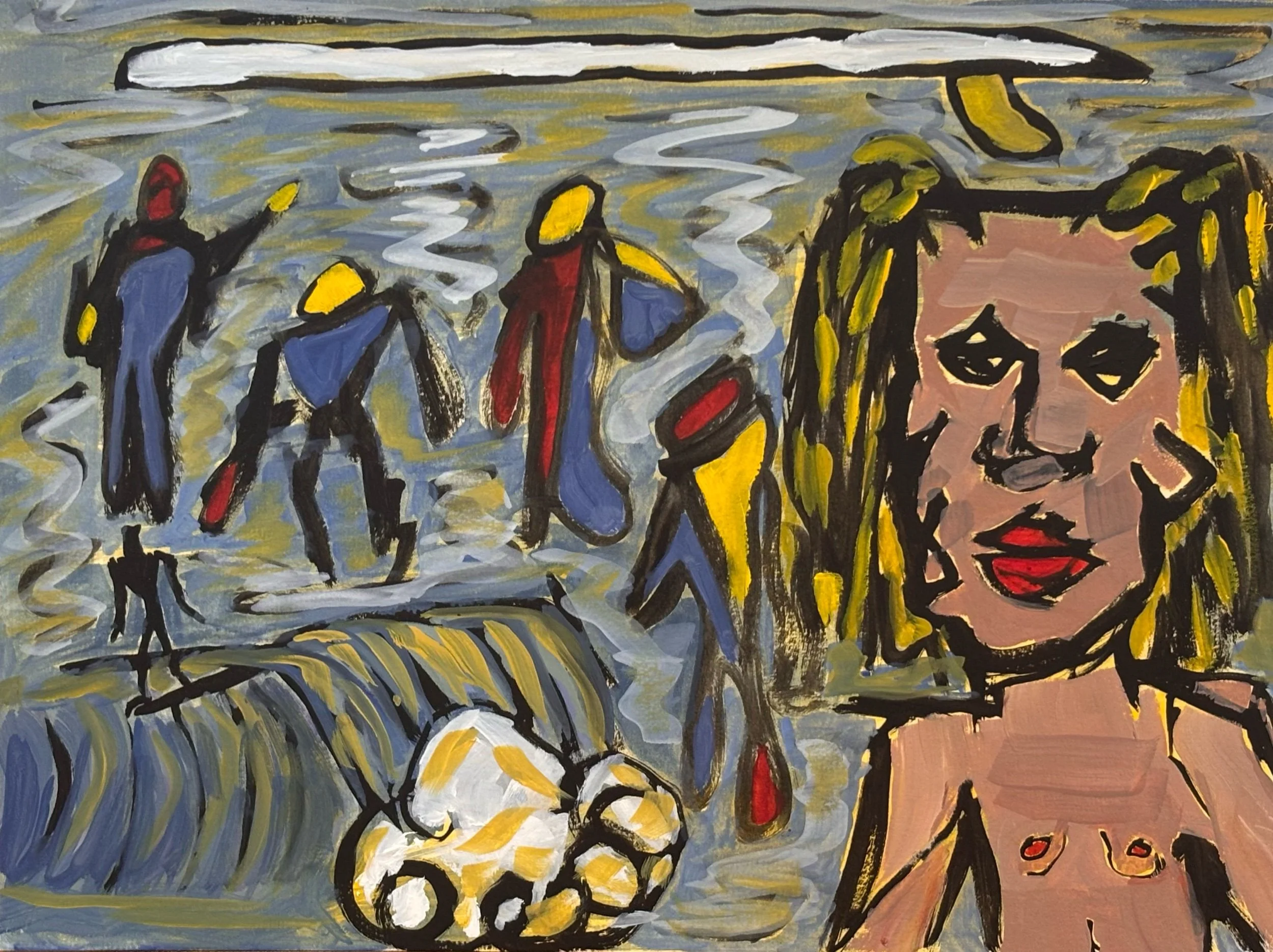 Expressionist painting depicting a large portrait of a woman with yellow hair and red lips on the right, and a group of four people with yellow heads and colorful clothing standing near a body of water with a waterfall in the background.