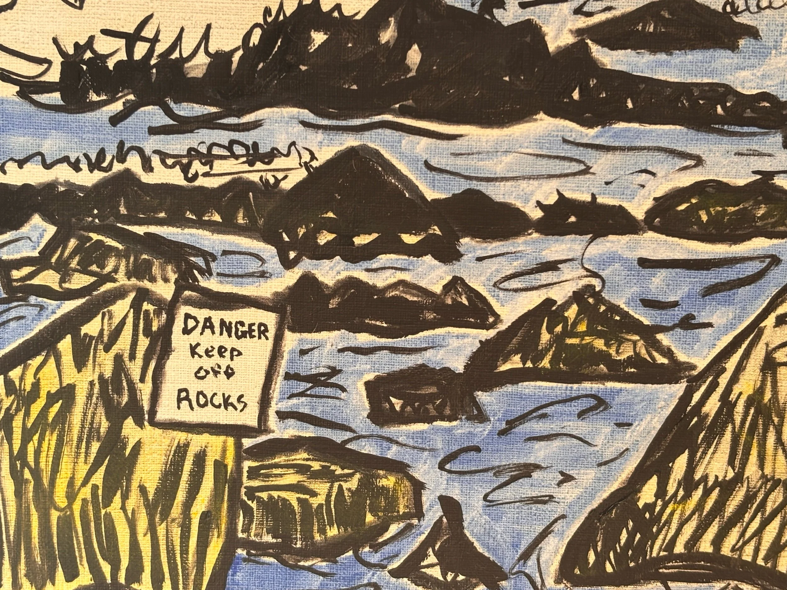 A drawing of a rocky coastline with water and islands in the background. A sign in the foreground reads, 'DANGER KEEP OFF ROCKS.'