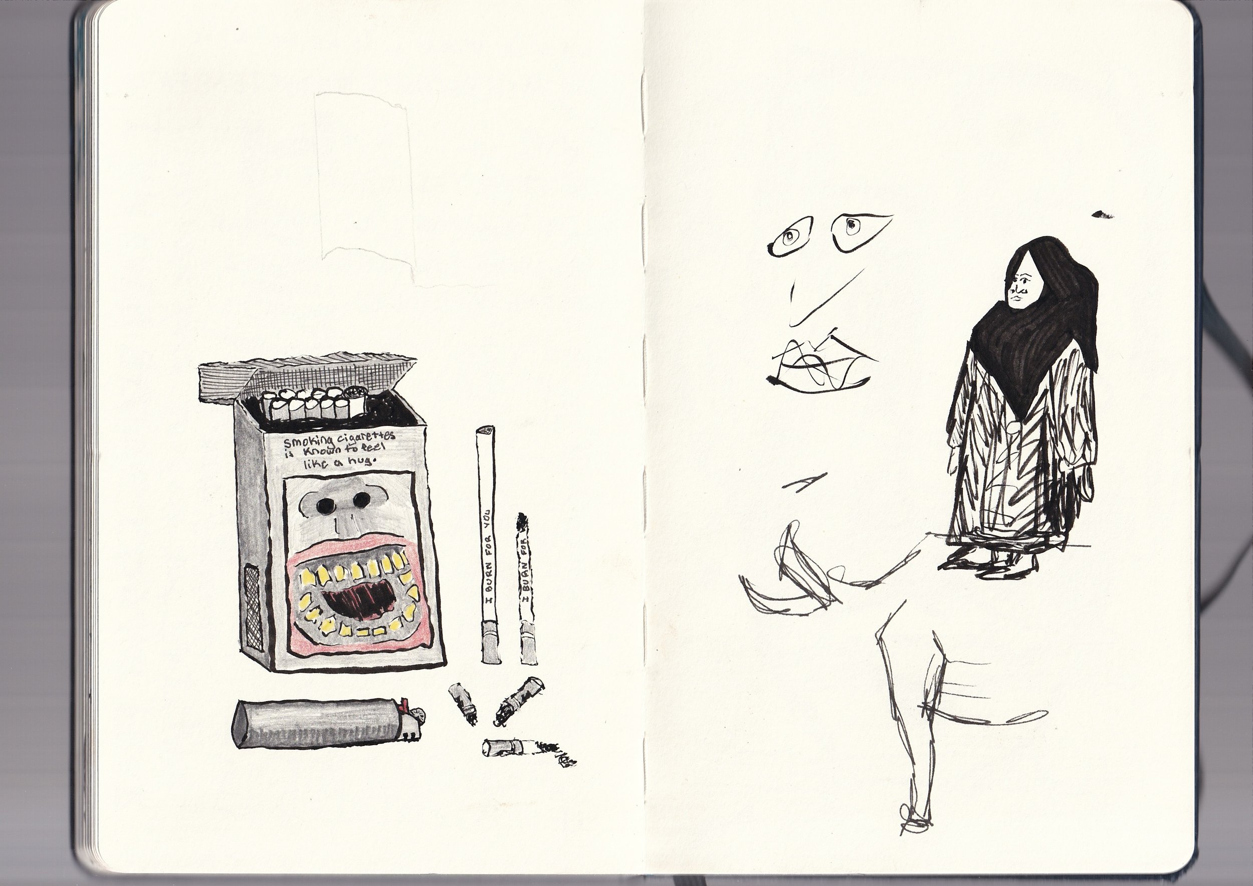 A drawing of a partially open cigarette box with cigarettes inside, a few cigarettes lying outside, and a broken cigarette. There is a hand-drawn portrait of a person with long hair, wearing a coat, on the right side of the page.
