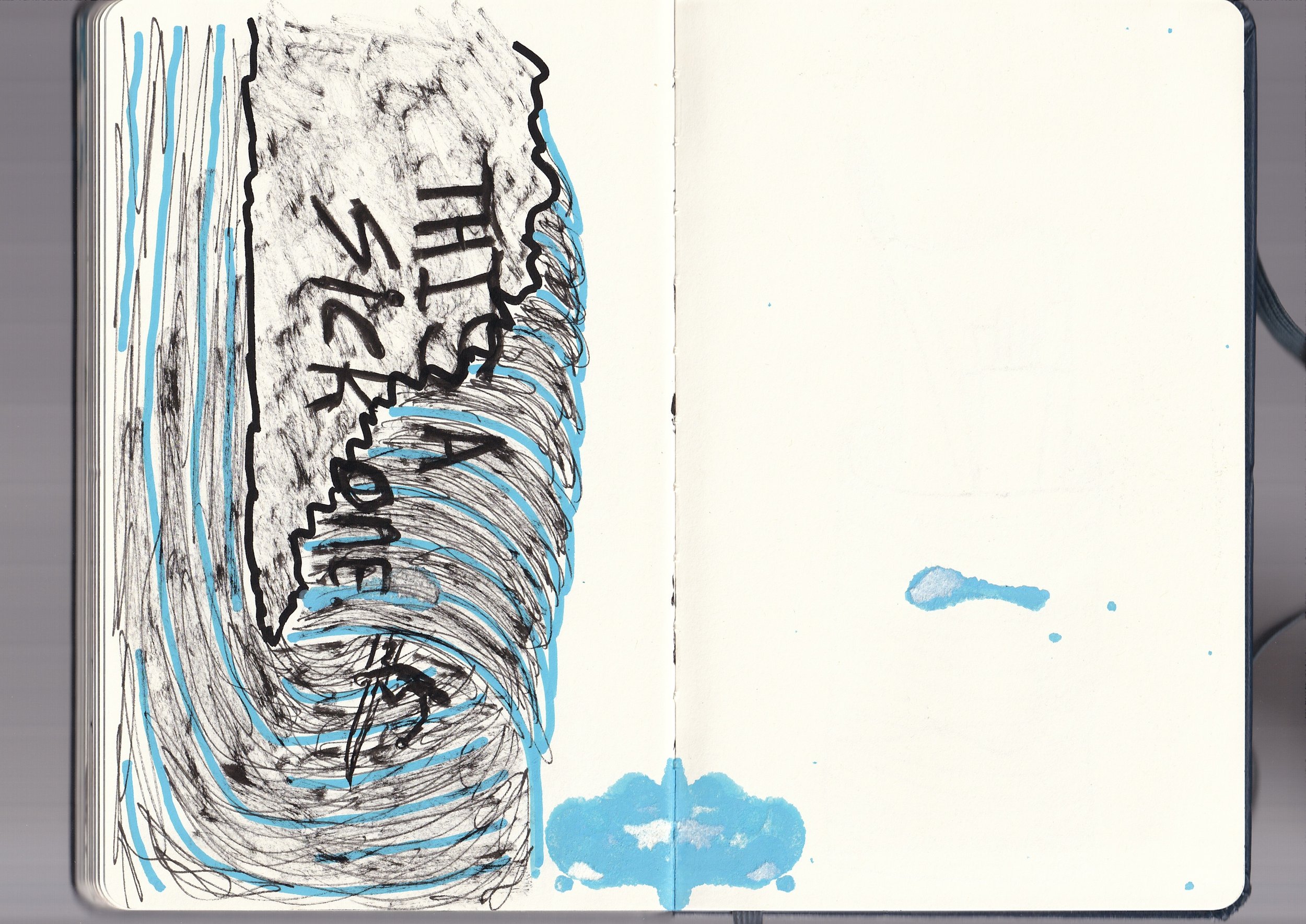 Sketch of a human spine in black ink with blue highlights, set against a white background with blue splashes.