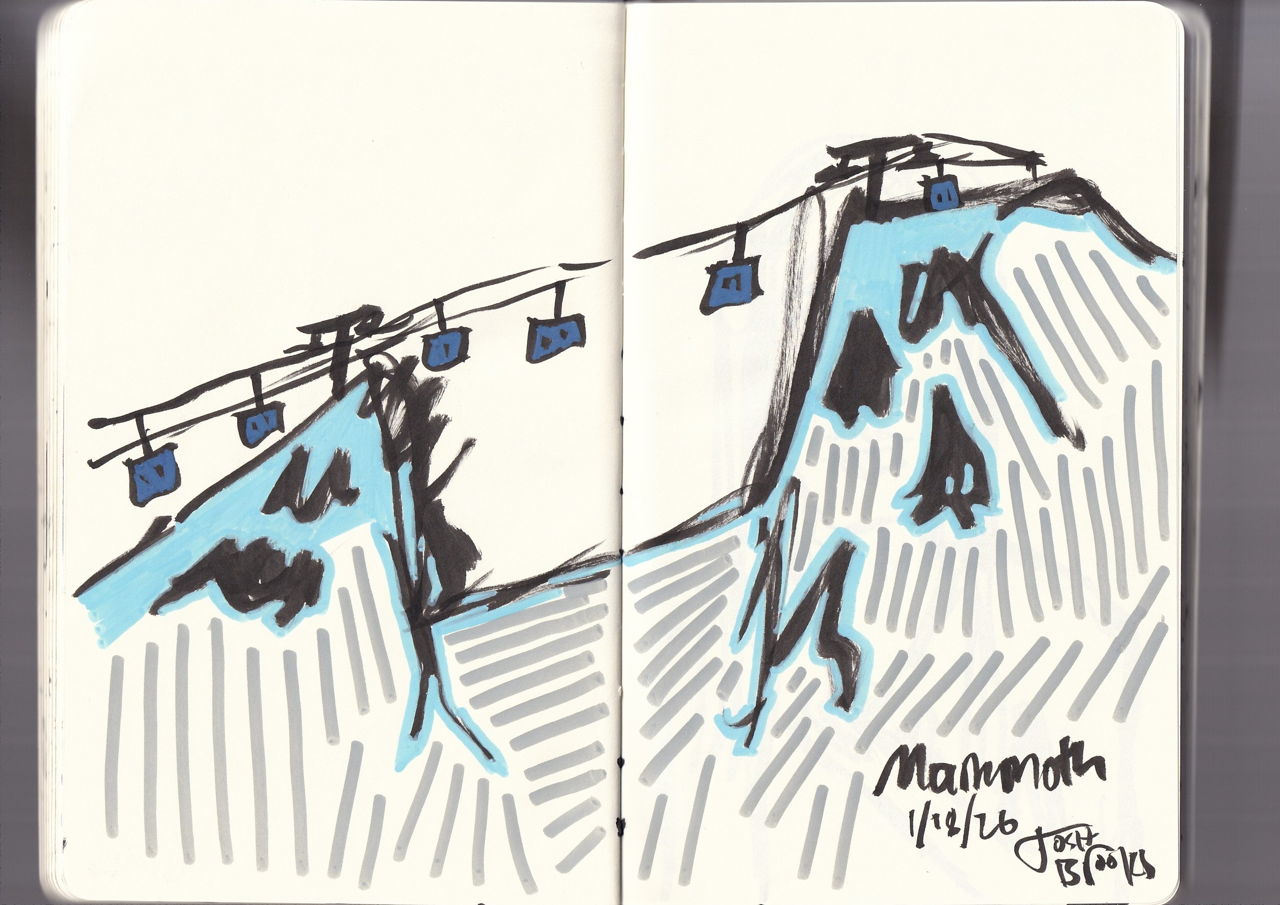 A hand-drawn illustration of a mountain with ski slopes, with several ski lifts hanging from cables and blue flags attached to the cables. The background features stylized, radiating gray lines, and there is some handwritten text at the bottom right 