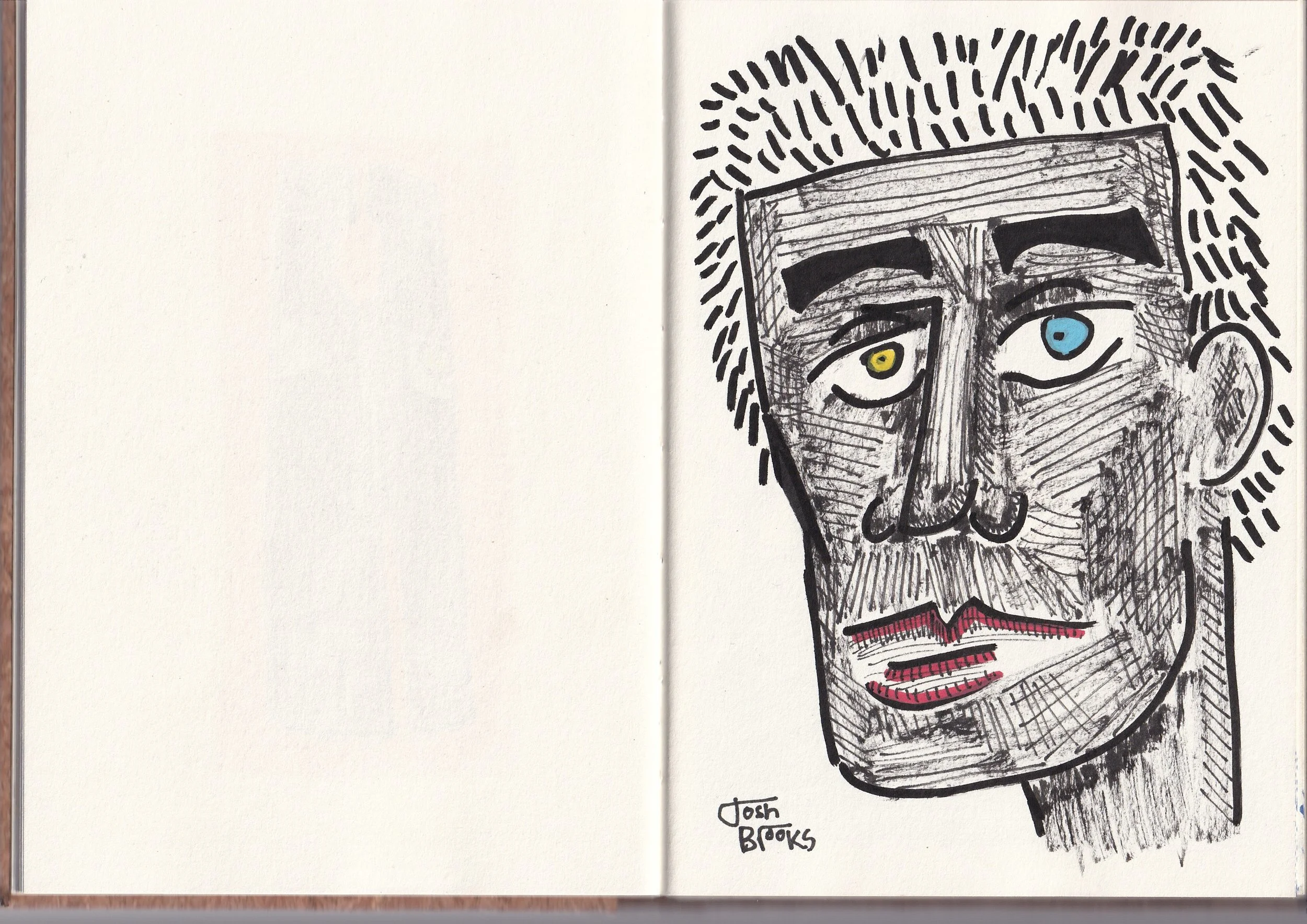 A black ink sketch of a person's face with exaggerated features, including thick eyebrows, bulbous nose, and lips, with one eye colored blue and the other yellow, and the face surrounded by radiating lines. The sketch is signed "Josh Brooks" at the b